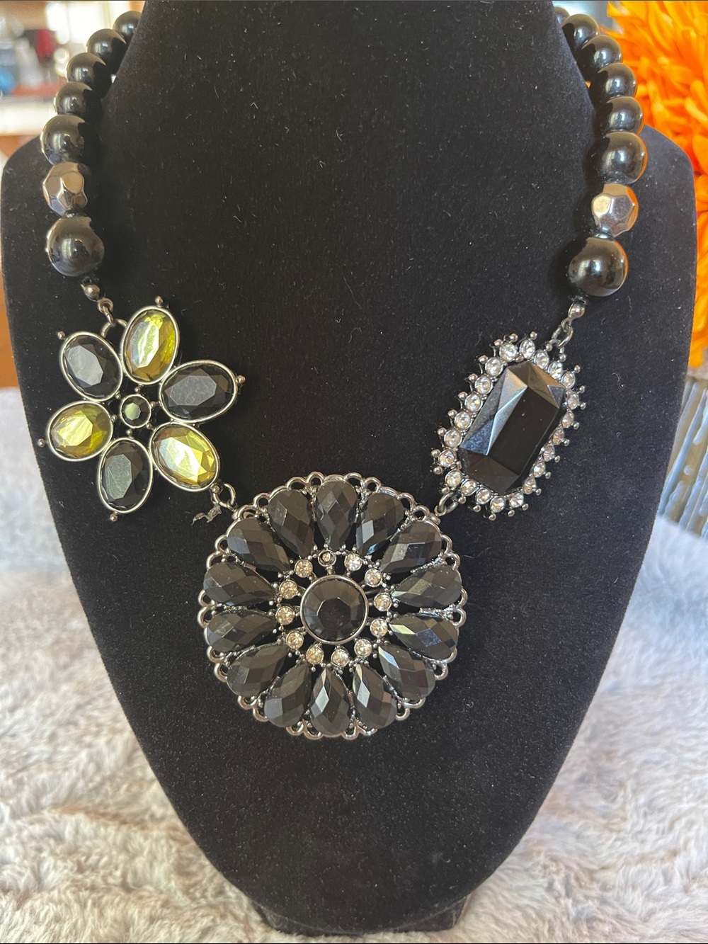 Premier Black and Olive Crystal Floral Statement Necklace